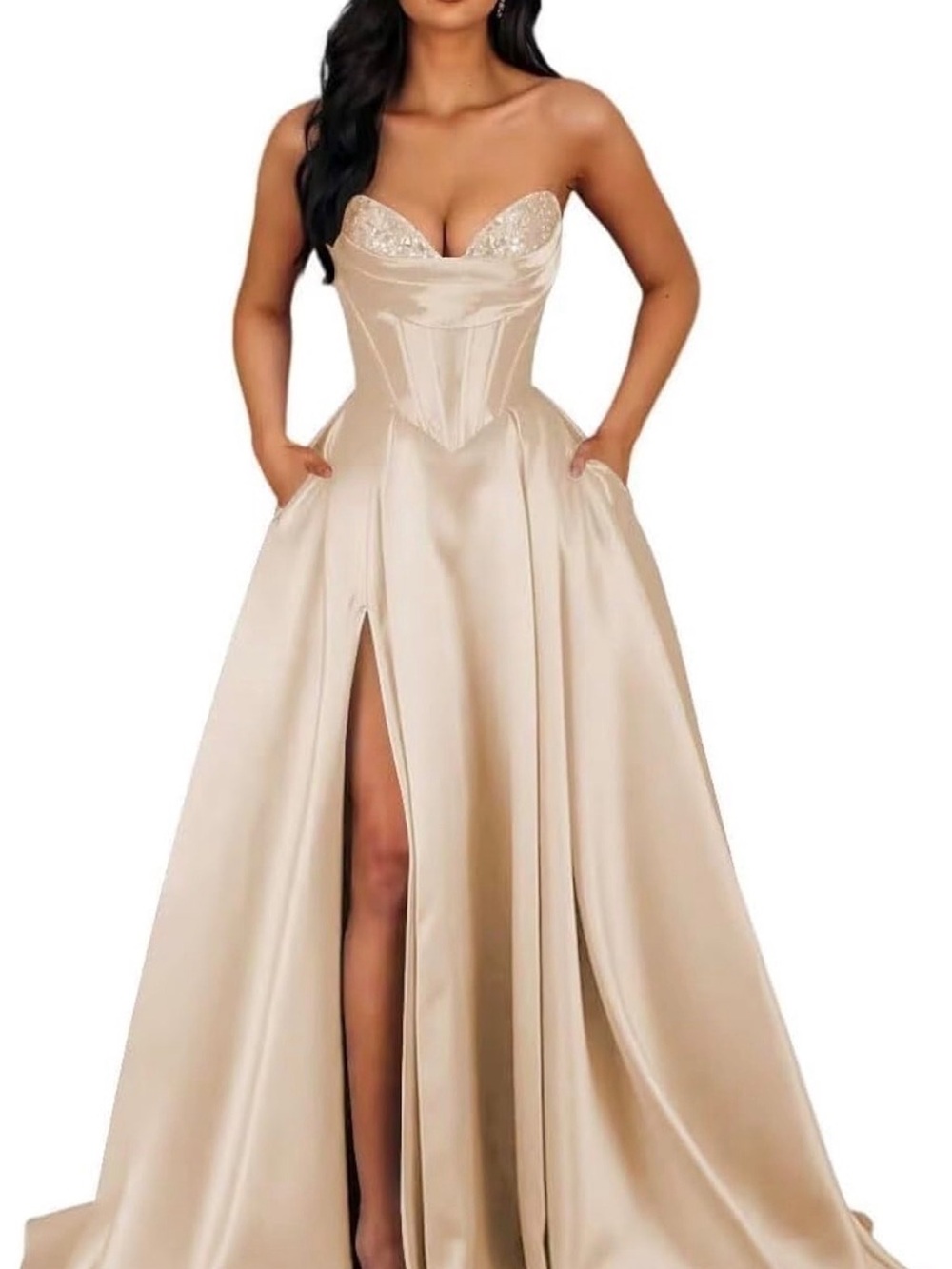 Strapless Satin Corset Ball Gown Dress in Champagne
